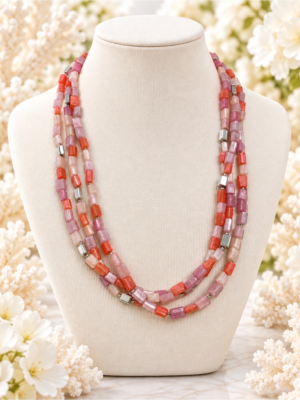 Multistrand Pink & Coral Beaded Necklace